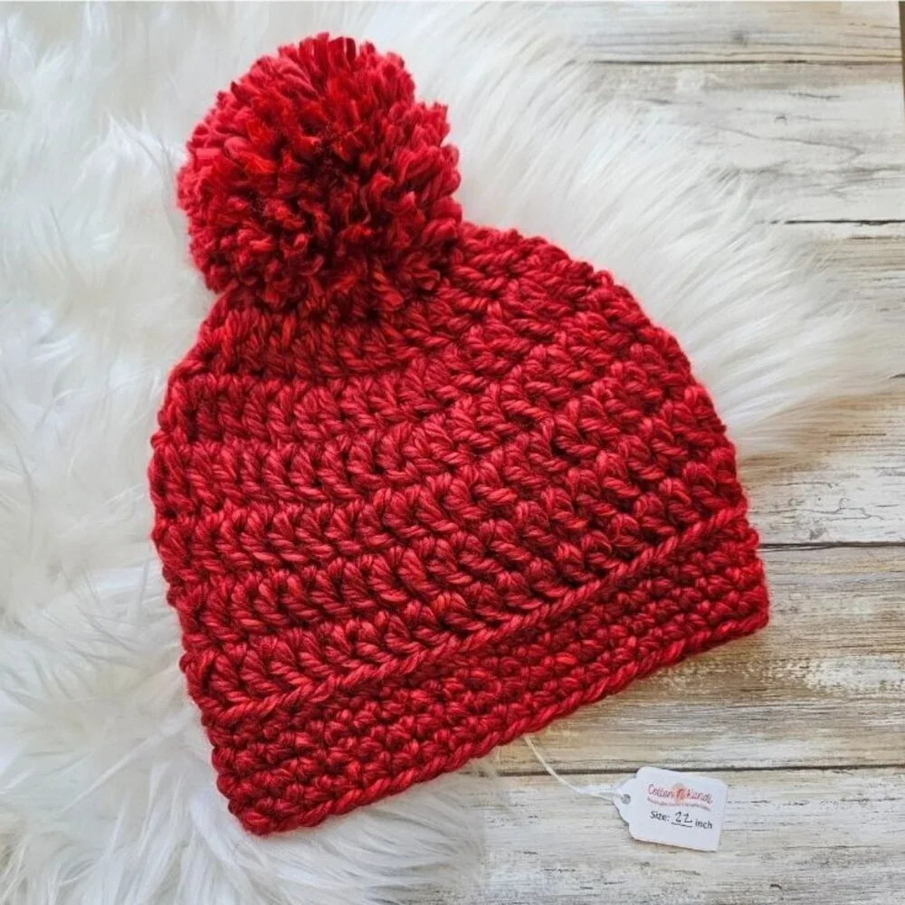 Infant Pom Pom Hat, Chunky KNit Crochet, Burgundy
